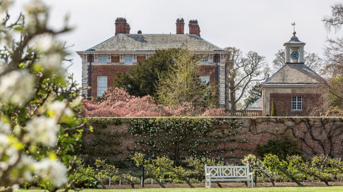 View of the east front and bell tower at Beningbrough with white and pink blossom on the trees
